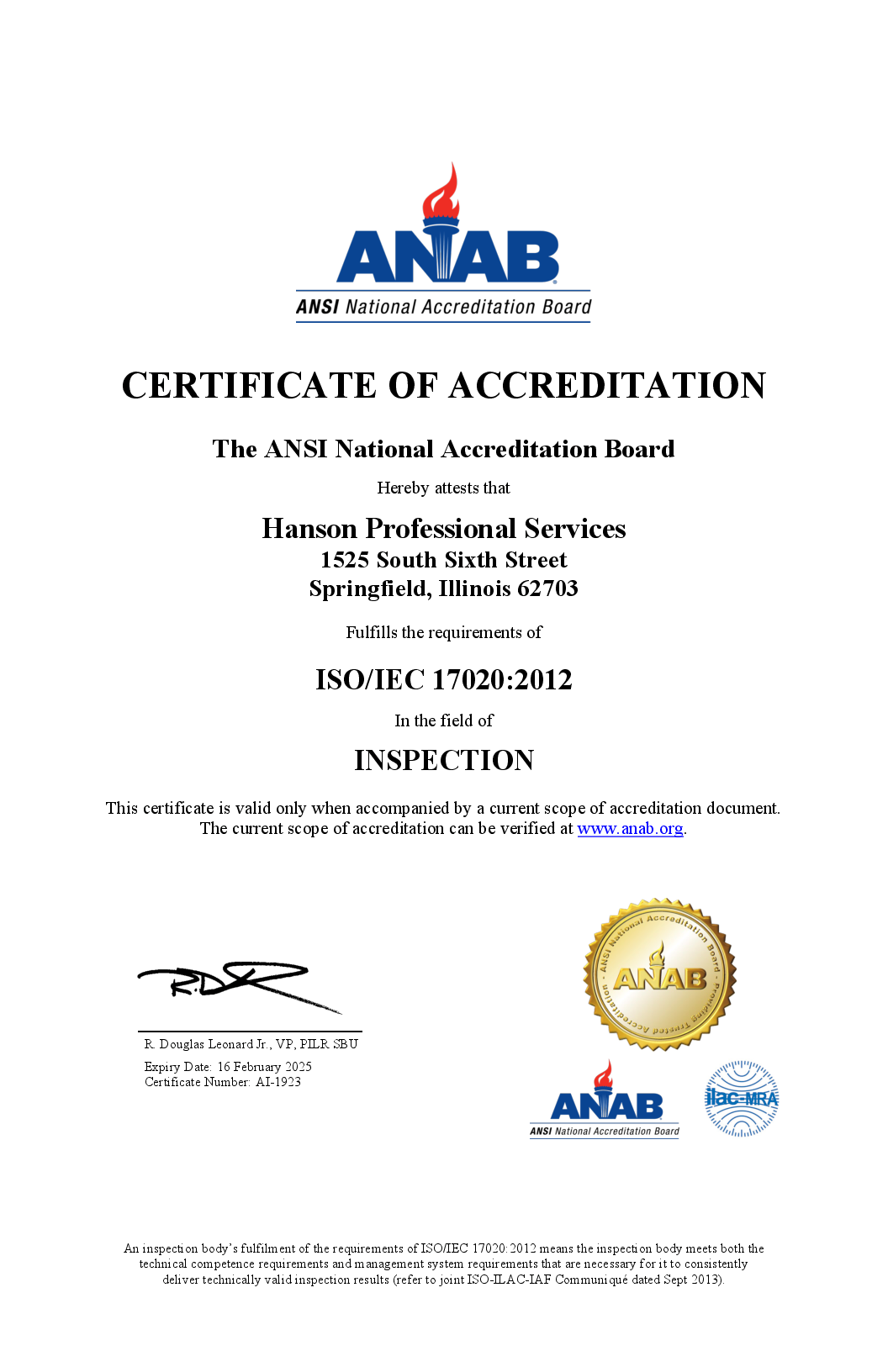 Cover image for ANAB certificate of accreditation